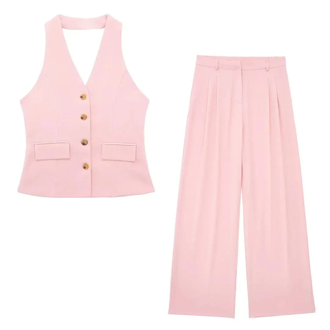 HH 2024 Female Elegant 2 Piece Solid Set High Waist Straight Trousers+Sleeveless Halter Vest Tops Chic Commuting Suit