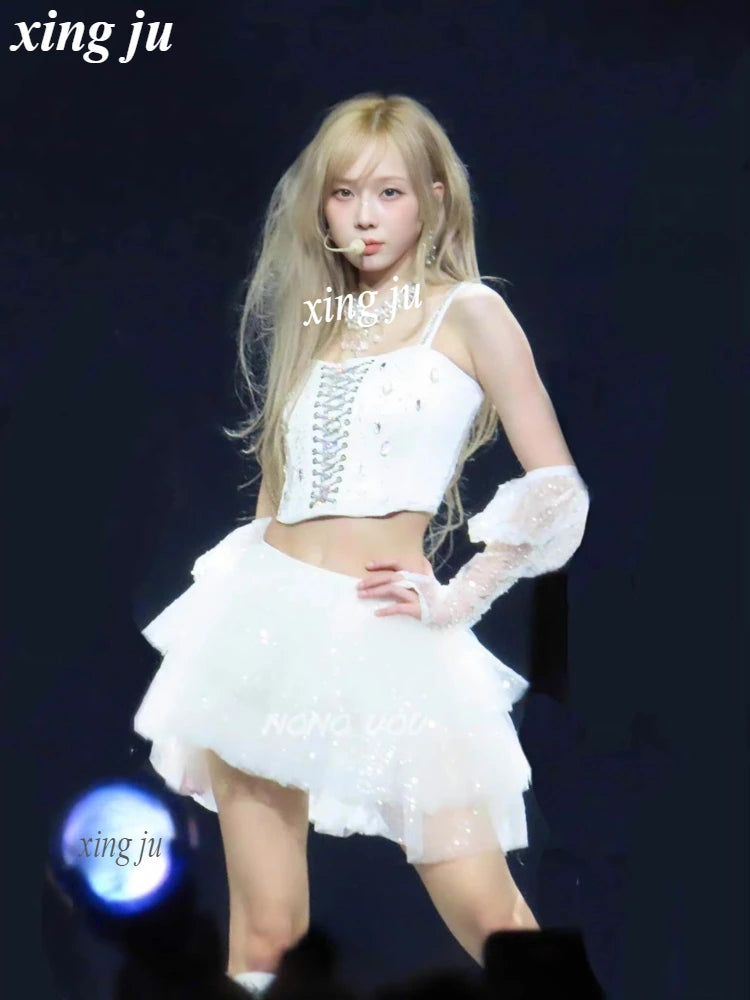 New Korean Women Group Jazz Dance White Lace-up Vest Sling Tops Sweet Princess Skirt Kpop DJ Dance Outfits Singer Stage Costume
