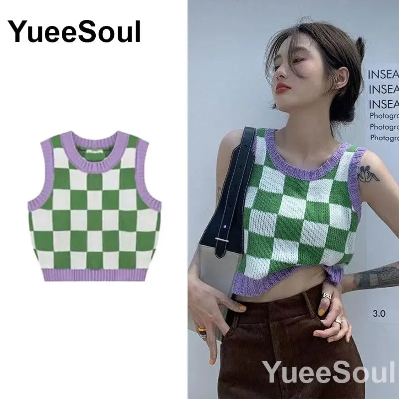 Vintage Knitted Women Sweater Vest American Y2K Aesthetic Sweet Cute 90s Slim Crop Waistcoat 2023 New Plaid Sleeveless Knitwears
