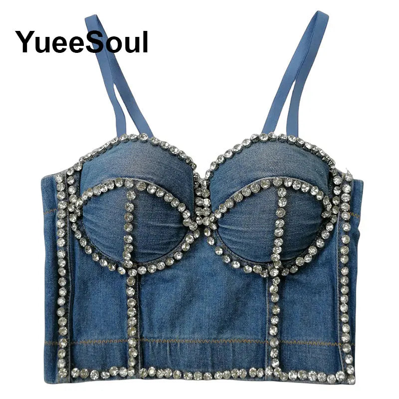 Denim Crop Tops Pearl Tassel Diamond Flower Blue Sleeveless Sexy Corset 2000s 2026 Summer New Y2K Party Evening Woman Clothes