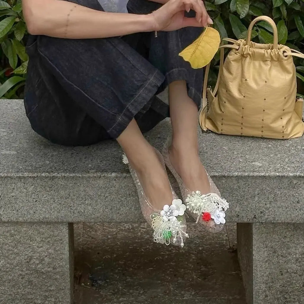 Transparent Crystal Shoes for Women Pointed Toe Hollow-out Flower Decoration DIY Hole Sandals Korean Jelly Shoes Casual Sandals