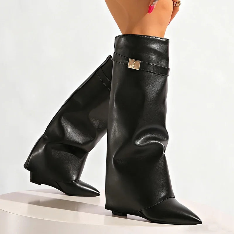 Black Pu Leather Knee High Boots Women Sexy Pointed Toe Straight Leg Boots Woman Punk Style Wedge High Heels Long Botas Mujer
