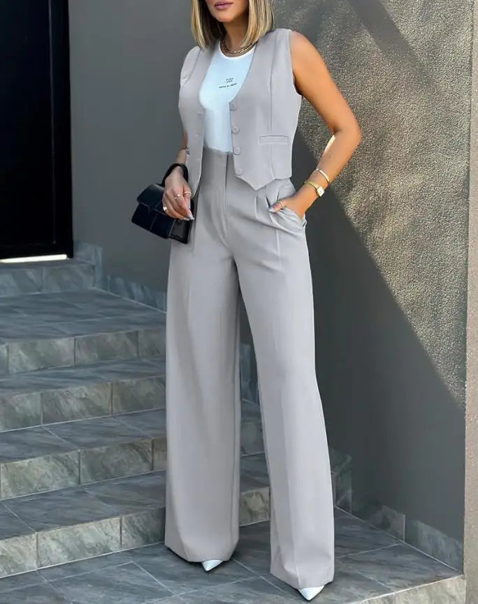 Women's Casual Waistcoat Wide Leg Pants Suit Elegant Sleeveless Vest Trousers 2 Pieces Set Solid Color Commuter Lady  Pants Set