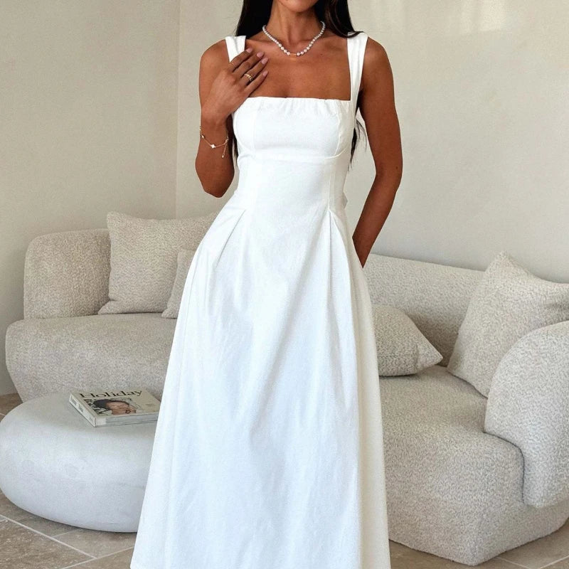 Square Collar Spaghetti Strap Backless Slim Maxi Dress | Inspired by Neslihan Atagül