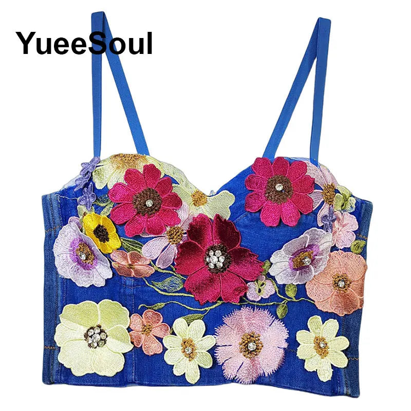 Denim Crop Tops Pearl Tassel Diamond Flower Blue Sleeveless Sexy Corset 2000s 2026 Summer New Y2K Party Evening Woman Clothes