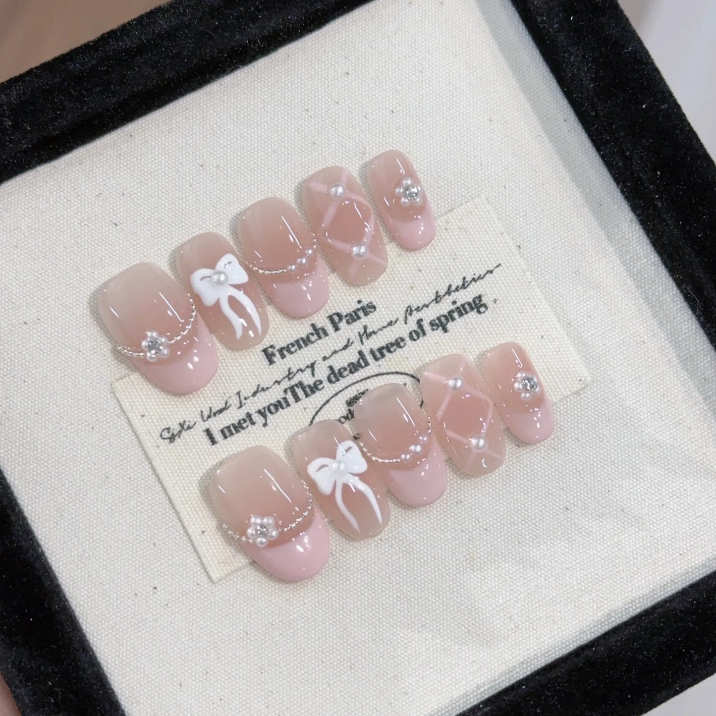 10Pcs Short Handmade Pink Press on Nails Spring French Rhinestone Full Cover Fake Nail Plaid Manicure Wearable Nail Tips Art