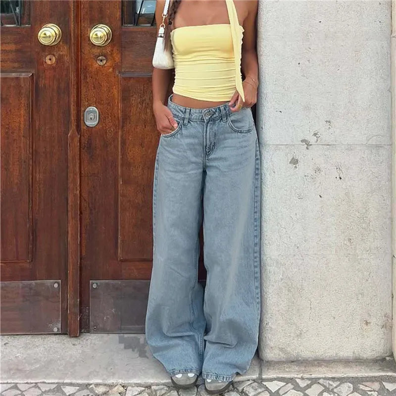 Womens Baggy Jeans Low Rise Wide Leg Denim Pants with Pockets Casual Long Trousers for Daily Office Y2K Vintage Streetwear