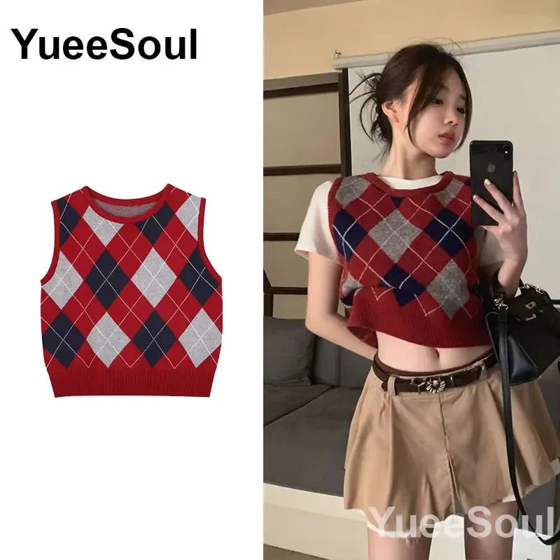 Vintage Knitted Women Sweater Vest American Y2K Aesthetic Sweet Cute 90s Slim Crop Waistcoat 2023 New Plaid Sleeveless Knitwears