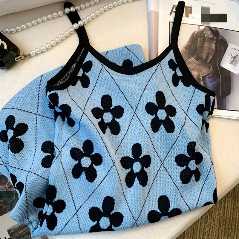 ITOOLIN New Summer Floral Pattern Knitted Cami Dress Sleeveless Mini Dress for Women Vacation Clothing Sundress Fashion New