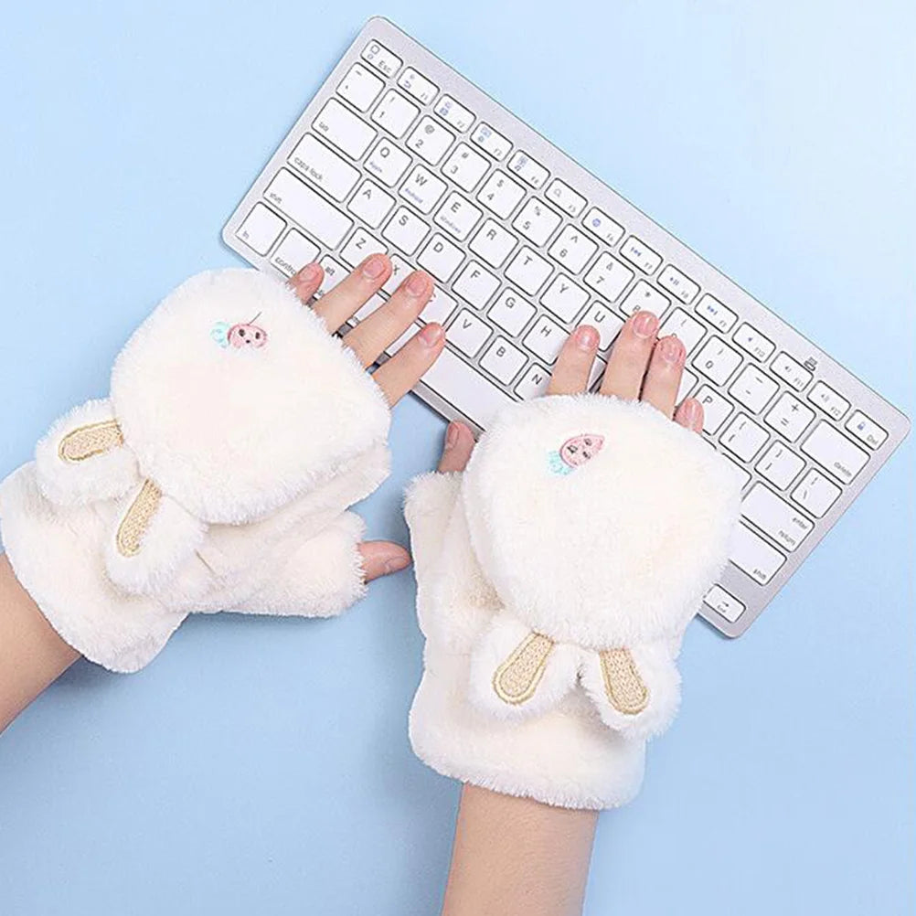 1 Pair Fingerless Winter Gloves Warm Polyester Lined Rabbit Ear Design Hand Protectors For Women Touch Screen Mittens Cycling