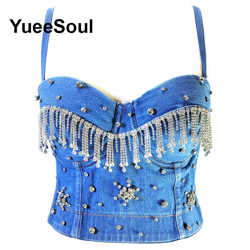 Denim Crop Tops Pearl Tassel Diamond Flower Blue Sleeveless Sexy Corset 2000s 2026 Summer New Y2K Party Evening Woman Clothes