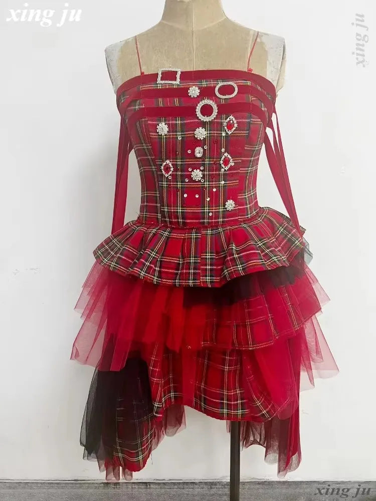 2025 Summer Korean Singer Party Dance Clothing Hip Hop Red Mesh Plaid Long Dress Nightclub DJ Sexy Festival Stage Rave Outfits