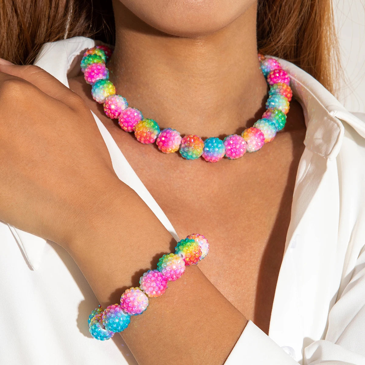 Docona Fashion Colorful Resin Big Beads Necklace Bracelet Set for Women Personality Originality Holiday Jewelry Accessories Gift