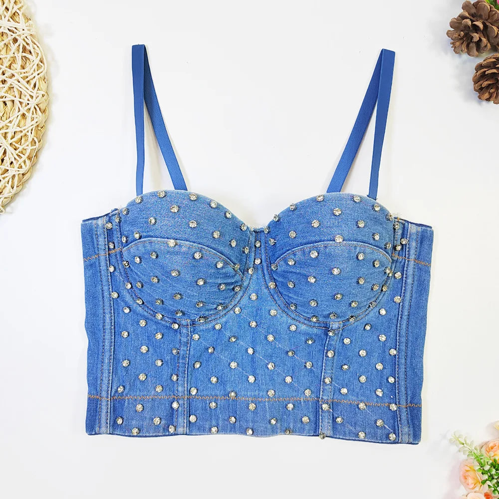 Women's New Denim Full Rhinestone Beaded Spaghetti Strap Bustier Soft Comfort Casual Trendy Versatile Slim Fishbone Crop Bra Top