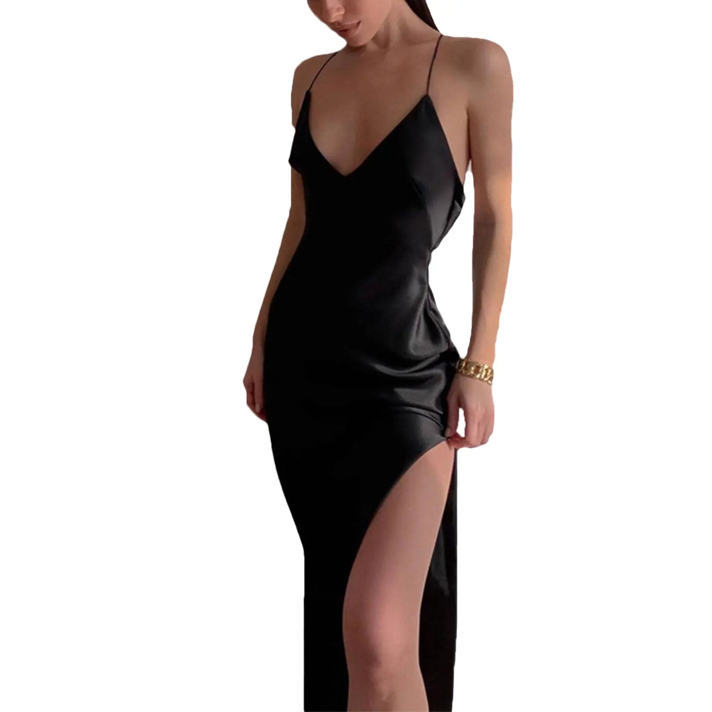 Satin Silky Spaghetti Strap Split Backless Summer Women Long Dress  Bodycon Evening Beach Party Dress
