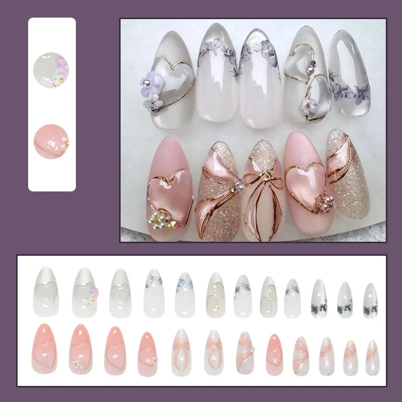 24pcs/30pcs/set Medium long 3D fake nails flowers golden foil bow rhinestones pink white leopard nail tips press on false nails