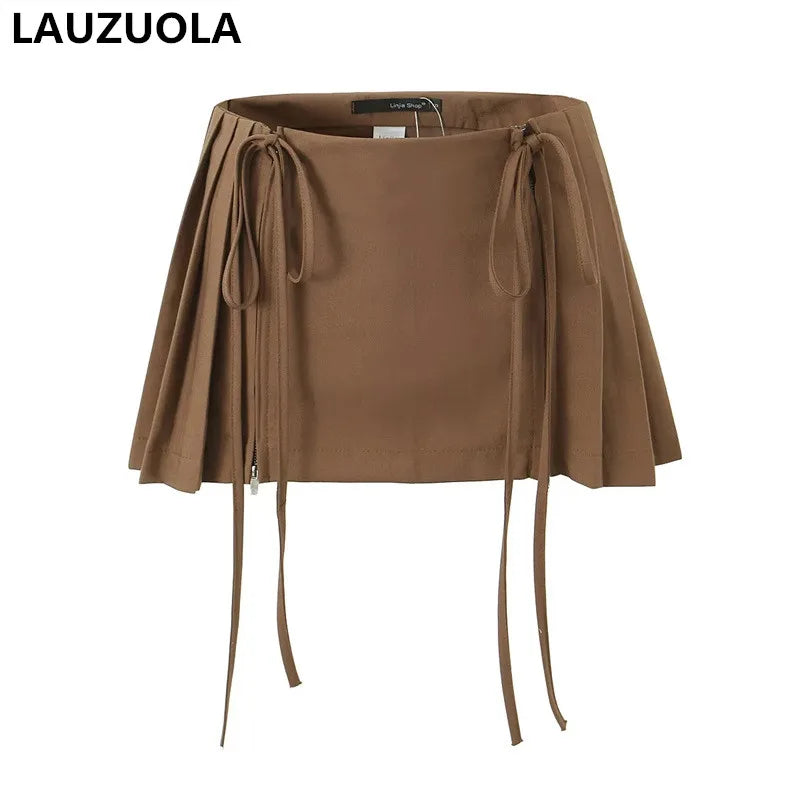 Sexy Lace Up Double Zipper Pleated Mini Skirt 2026 New Summer Fashion Elegant Women Low Waist Skirts Outfits Bottom Y2K