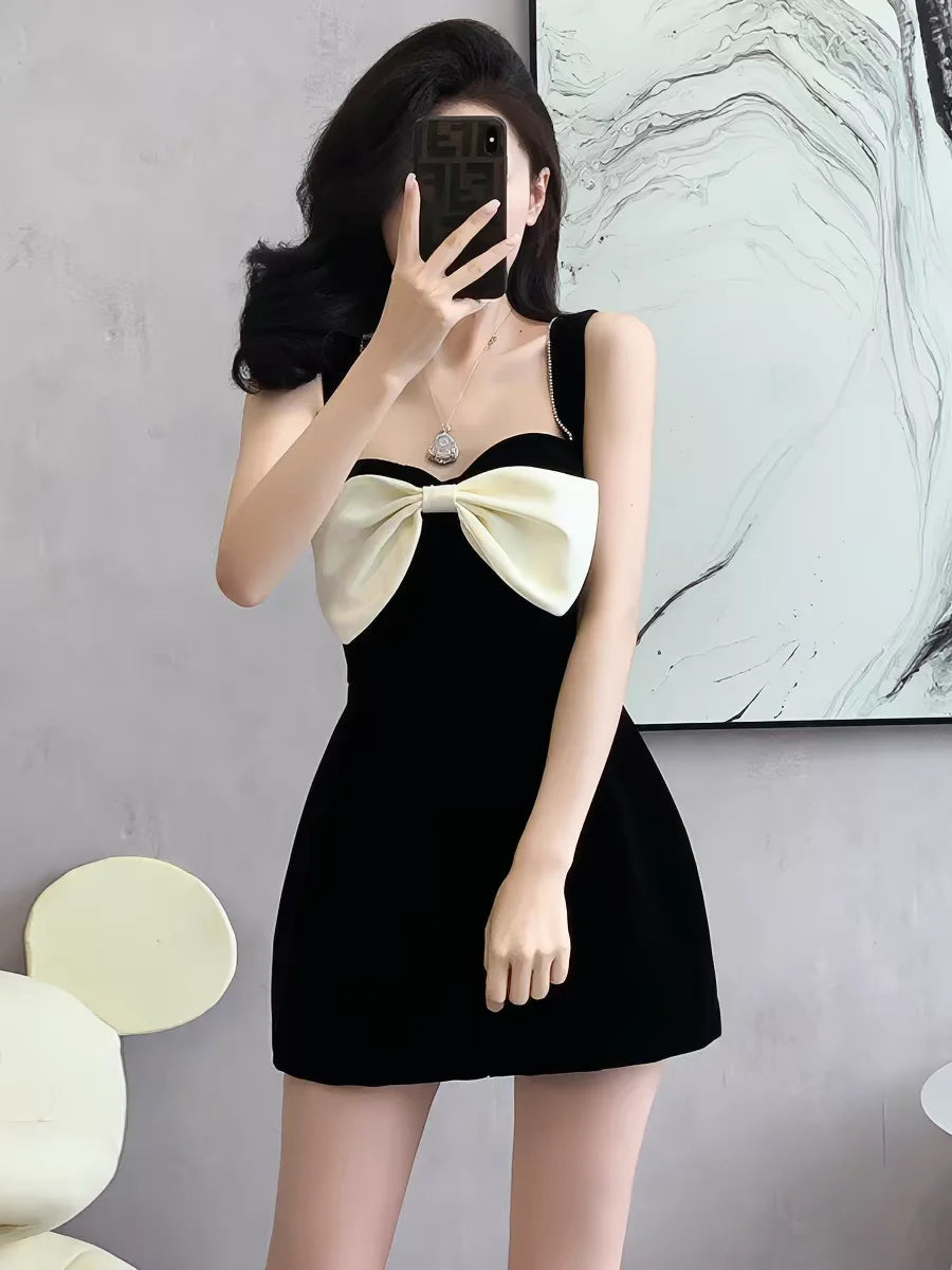 2026 Summer Jumpsuit for Women Black Bow Tie High Waist Wide Leg Short Romper Elegant Sleeveless Casual Sets