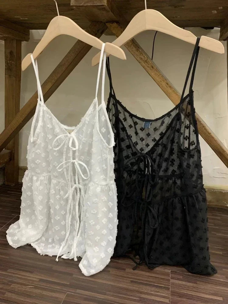 Mesh See-Through Lace-Up Camisole Top | Inspired by Ningning