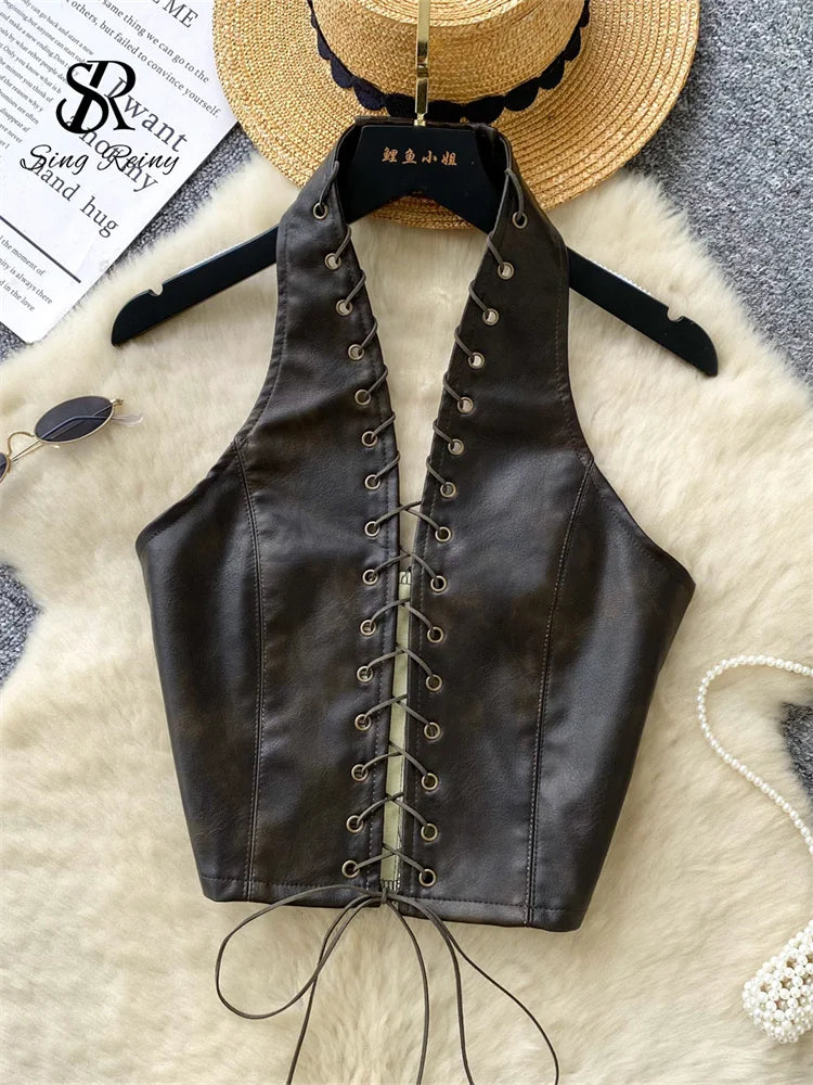 SINGREINY PU Leather Sexy Club Camisole Fashion Hollow Out Lace Up Slim Tank Top Sleeveless Backless Ins Spicy Girl Halter Top