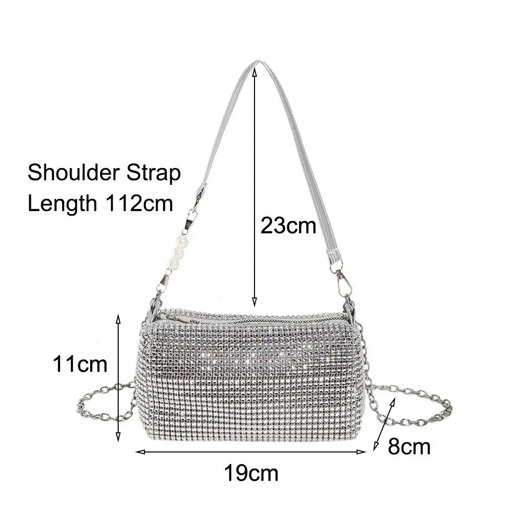 Allover Rhinestone Bucket Bag Waterproof All-match Women Crossbody Bag Mini Lightweight Glitter Chain Prom Purse for Ladies