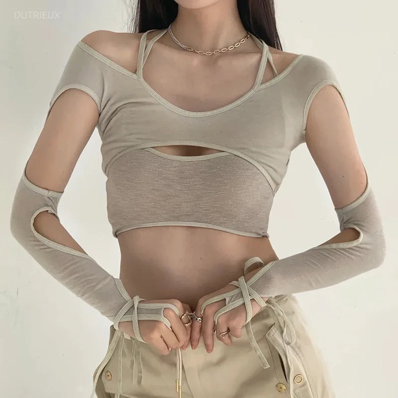 Y2k Aesthetic Fake Two Pieces Sexy Tshirts Harajuku Halter Bandage Hollow Out Tops Streetwear Grunge Slim Fit Cropped T-shirt