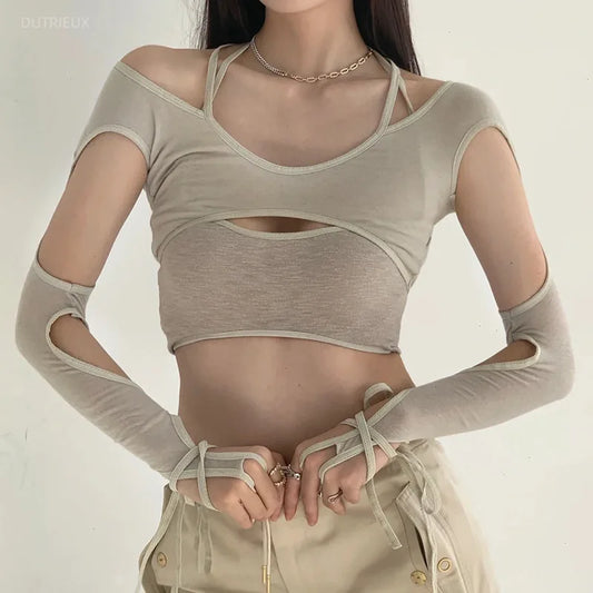Y2k Aesthetic Fake Two Pieces Sexy Tshirts Harajuku Halter Bandage Hollow Out Tops Streetwear Grunge Slim Fit Cropped T-shirt