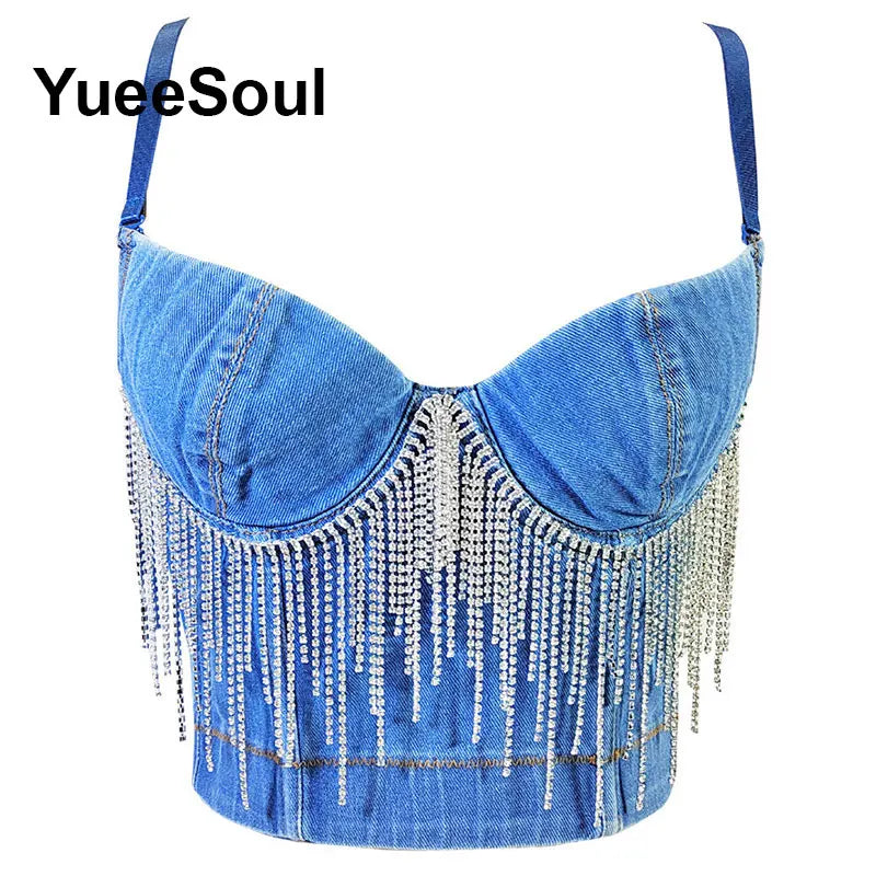 Denim Crop Tops Pearl Tassel Diamond Flower Blue Sleeveless Sexy Corset 2000s 2026 Summer New Y2K Party Evening Woman Clothes