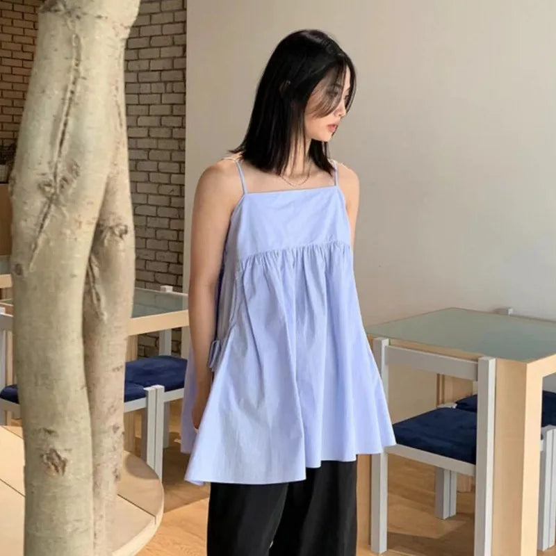 Matakawa Spring Summer Women Dresses Solid Pockets Korean Fashion Sweet Vestidos Mujer Vintage Sleeveless  Mini Dress