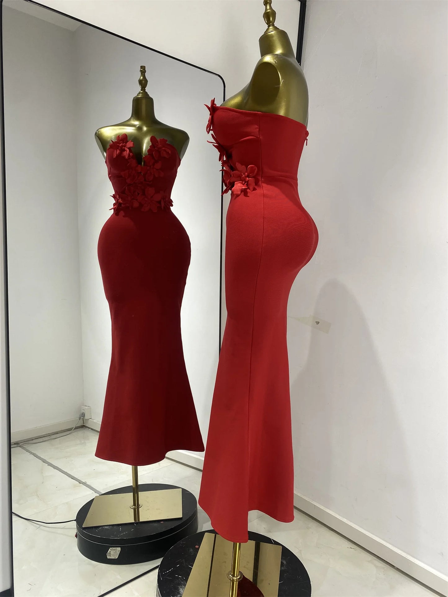Strapless Deep V-Neck Floral Bodycon Long Mermaid Bandage Gala Dress | Inspired by Beren Saat