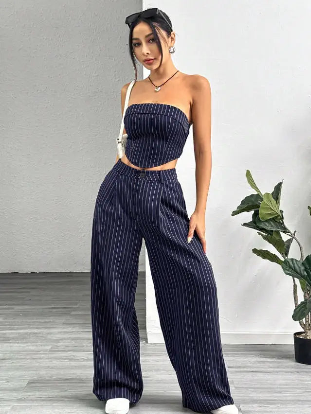 Women's Striped 2 Piece Outfit Tube Top and High Waist Wide Leg Pants Set