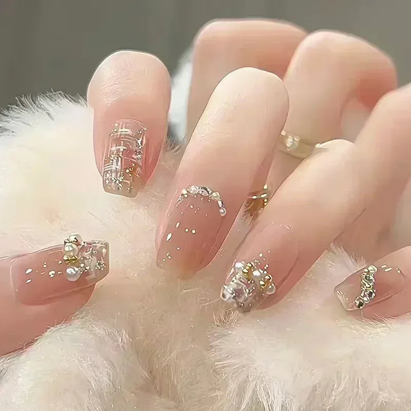 24pcs Cute Girly Short Square False Nails Sweet White French Nail Glitter Star Rhinestones Nail Art Cat Eye Bow Press On Nails