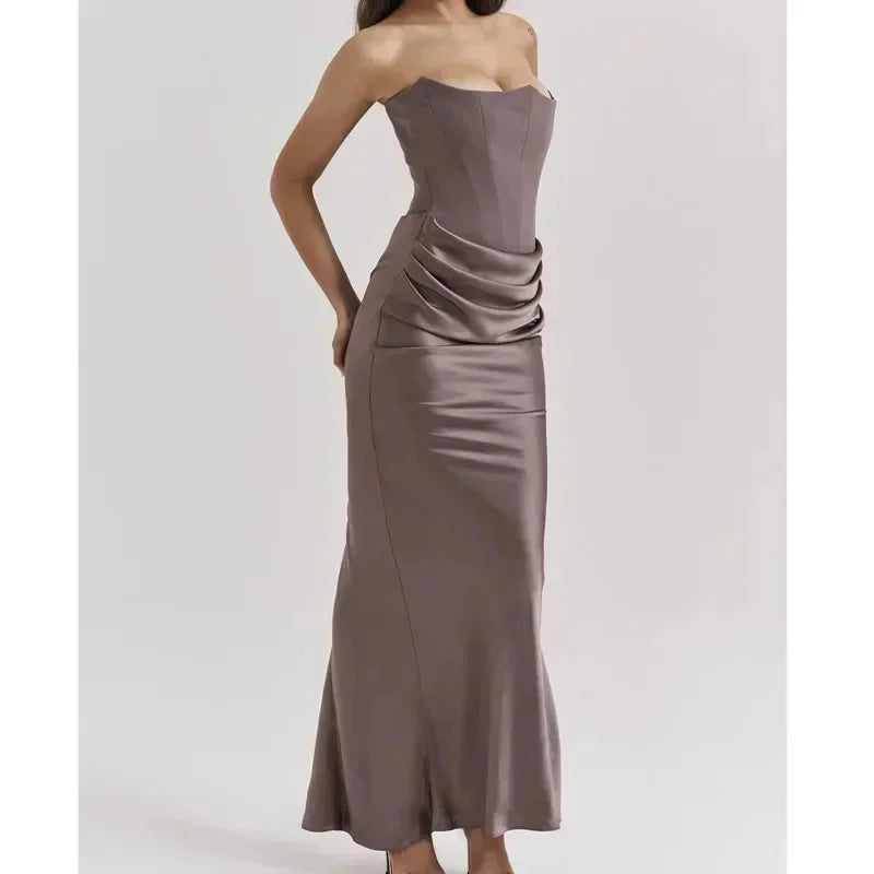 Sexy Satin Corset Dress Women Fashion Strapless Backless Waist Ruched Wrap Slim Dresses Autumn Lady Evening Party Club Vestidos