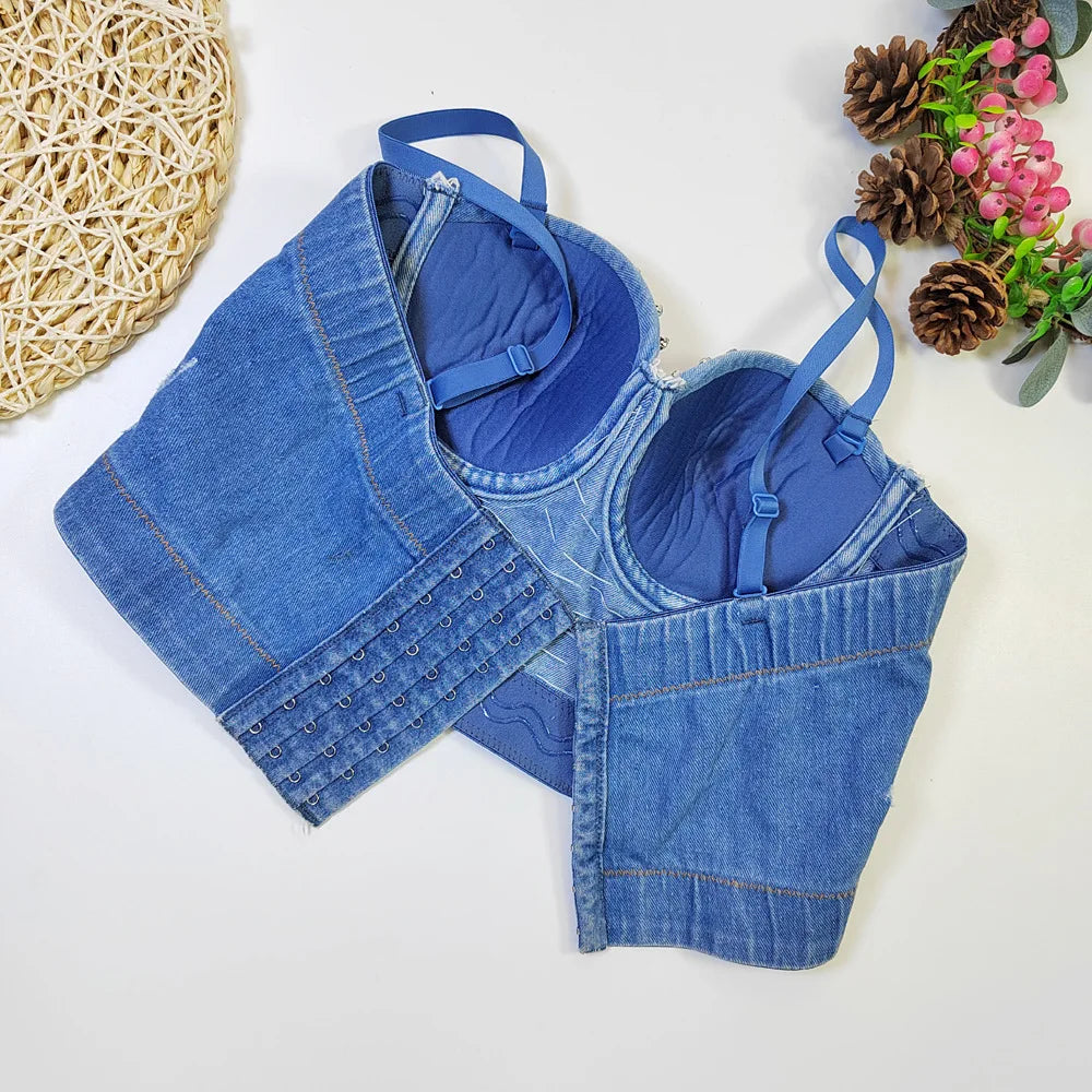 Women's New Denim Full Rhinestone Beaded Spaghetti Strap Bustier Soft Comfort Casual Trendy Versatile Slim Fishbone Crop Bra Top
