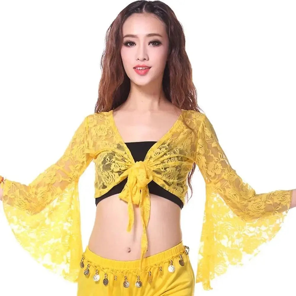 Women's Belly Dance Top  Short Cardigan Lace Long Sleeve Shrug Lace-up Shirt Gymnastics Cover Up Cardigan Wraps New