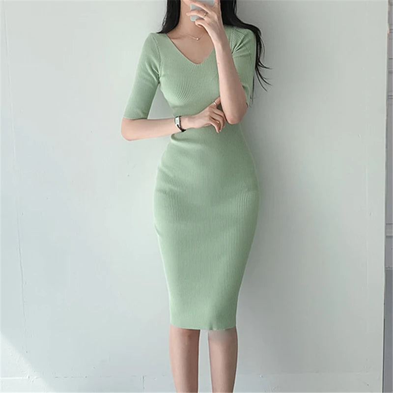 REALEFT Summer Women's Bodycon Dress 2025 New High Waist Black Korean Solid V-Neck Sheath Pencil Midi Wrap Dresses Female