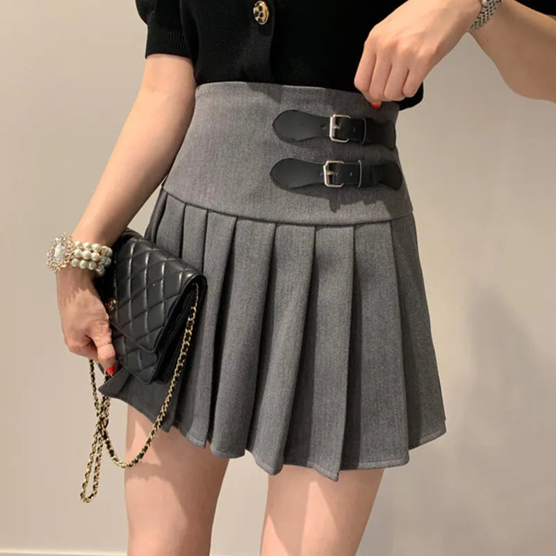 Buckle Pleated Mini Skirt High Waist Short Skirts Women Skort Y2K Black Goth Academia Preppy Style