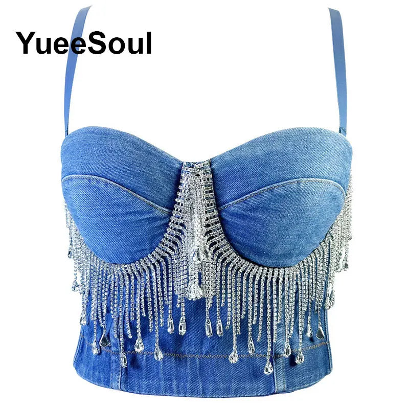 Denim Crop Tops Pearl Tassel Diamond Flower Blue Sleeveless Sexy Corset 2000s 2026 Summer New Y2K Party Evening Woman Clothes