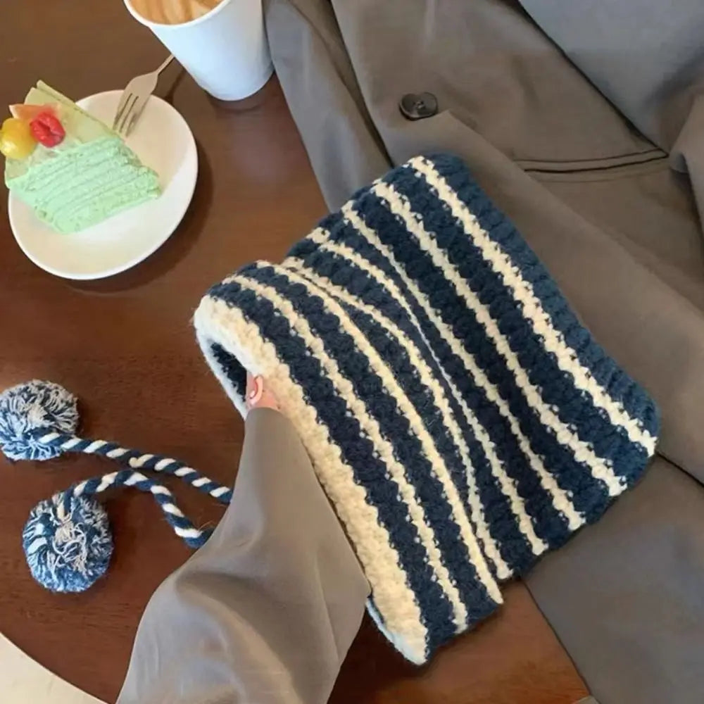 Fshion Y2K Knitting Striped Beanie Hat Cute Wool Hanging Ball Knitted Beanie Hat Cat Ears Pointed Pullover Hats Autumn Winter