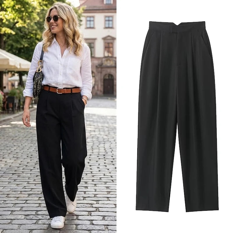 Willshela Women Fashion Black Front Zipper Pleated Straight Pants Vintage High Waist Full Length Female Chic Lady Trousers