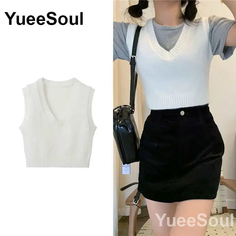 Vintage Knitted Women Sweater Vest American Y2K Aesthetic Sweet Cute 90s Slim Crop Waistcoat 2023 New Plaid Sleeveless Knitwears