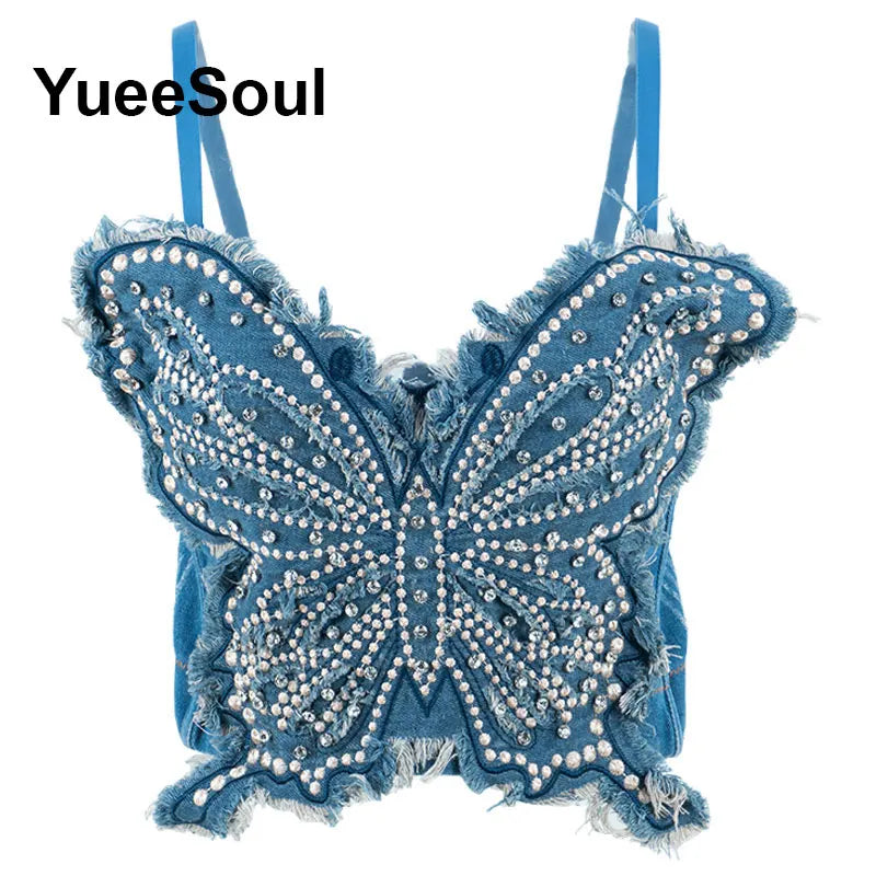 Denim Crop Tops Pearl Tassel Diamond Flower Blue Sleeveless Sexy Corset 2000s 2026 Summer New Y2K Party Evening Woman Clothes