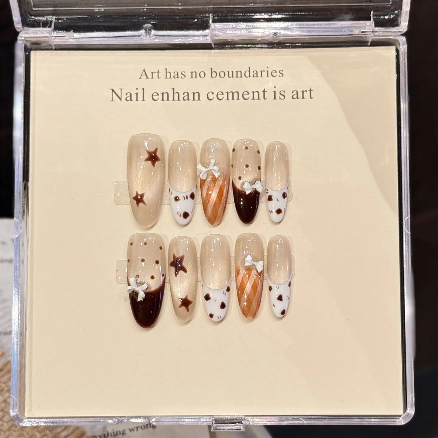 10pcs Handmade Korean Press on Nails Sweet Cool Star Pink White Fake Nail Tips Wearable Summer Night Sky Almond False Nails