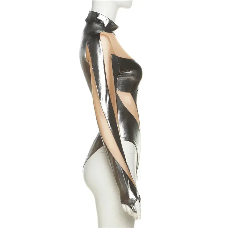 Cosplay Disfraz Halloween 2024 Women Game Movie Tight Jumpsuit Alien Robot Mesh Hollow Silver Strip Bodysuit Costumes Carnival