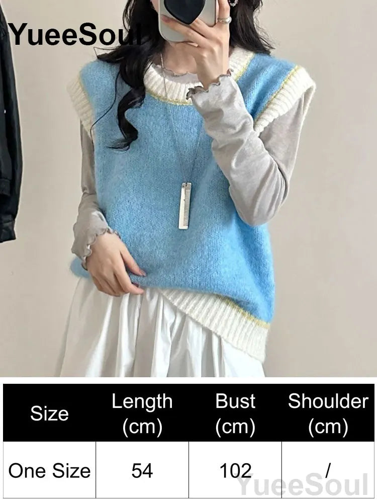 Blue Argyle Women's Vest Plaid Sleeveless Pullover Loose Knitted Sweater Vest 2026 New Autumn Y2K Casual Oversized Waistcoat