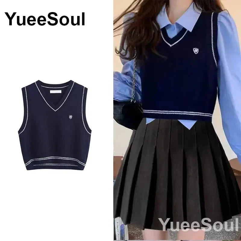Vintage Knitted Women Sweater Vest American Y2K Aesthetic Sweet Cute 90s Slim Crop Waistcoat 2023 New Plaid Sleeveless Knitwears