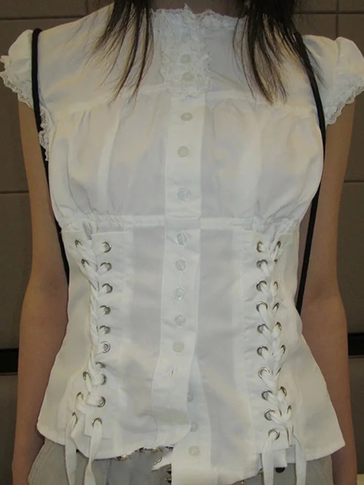 Y2k Aesthetic Ladies Single Breasted Tops Harajuku Vintage Bandage Grunge Shirt Women Lace Patchwork Slim Sweet Cropped Blouse