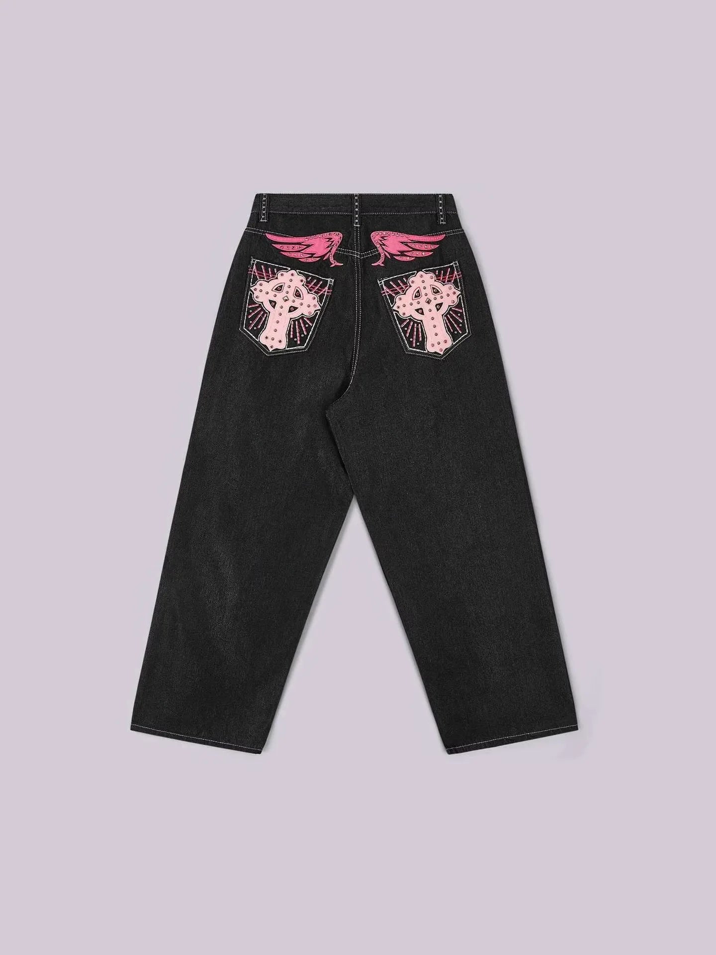 Gothic Cross Rhinestone Wide Leg Jeans Unisex Black Denim Pants Pink Wing Embroidery Oversized Streetwear Y2K Trousers