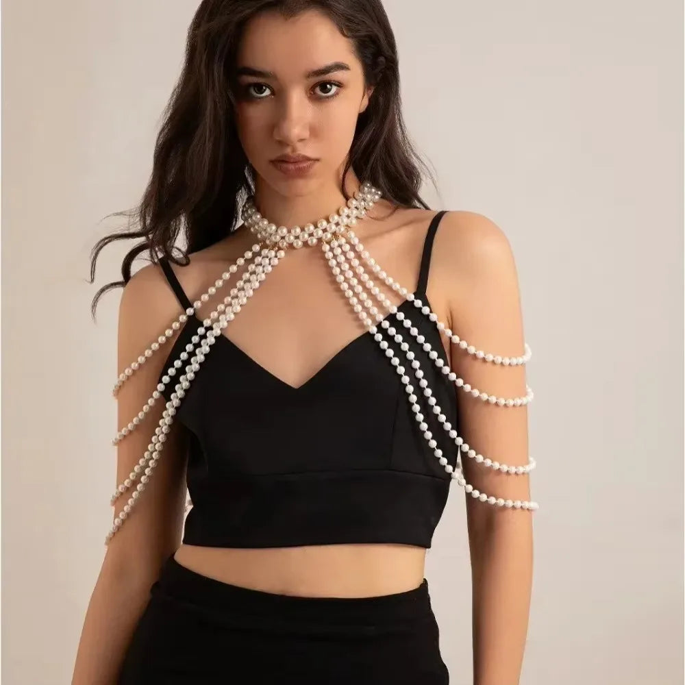 New Imitation Pearl Body Chain Beaded Collar Shoulder Big Necklaces Shawl Bridal Jewelry Sweater Long Chain Women Sexy Jewelry