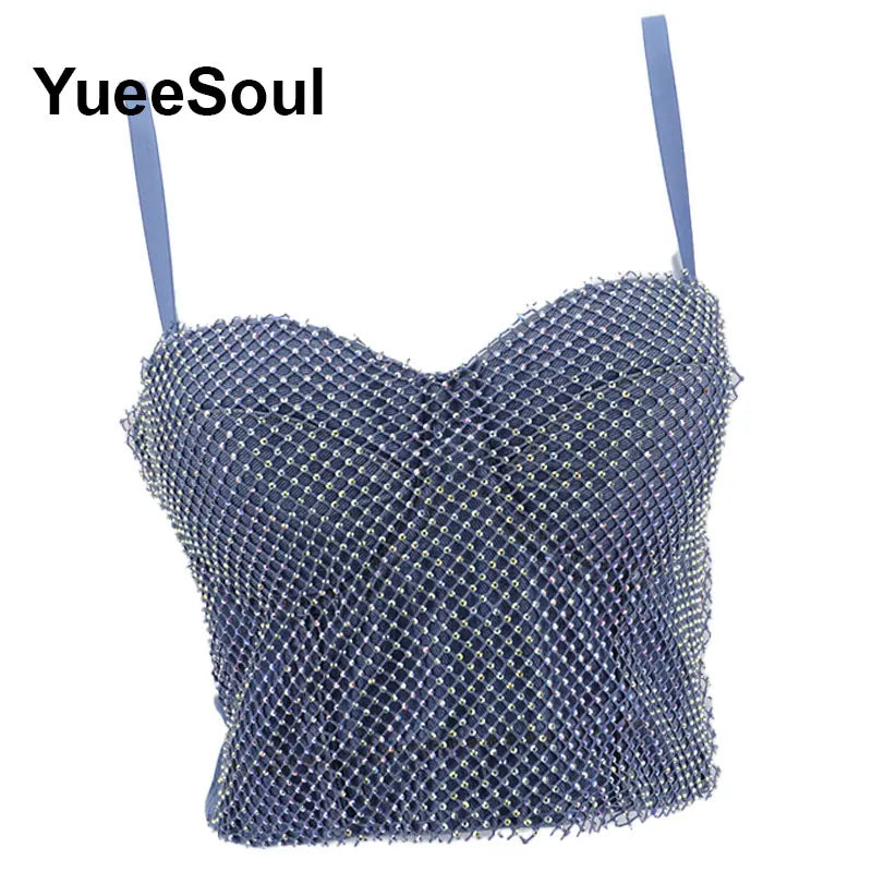 Denim Crop Tops Pearl Tassel Diamond Flower Blue Sleeveless Sexy Corset 2000s 2026 Summer New Y2K Party Evening Woman Clothes